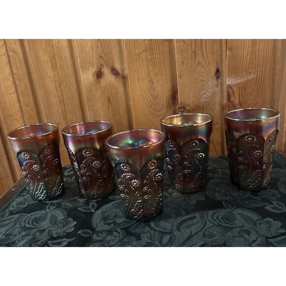 Fenton Other - Antique Fenton Paneled Dandelion Carnival Glass Tumblers Amethyst Purple Set 5